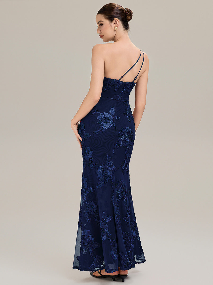 Robe de soirée chic sans manches en jersey extensible imprimé floral longueur sol avec encolure asymétrique #Couleur_Bleu Marine