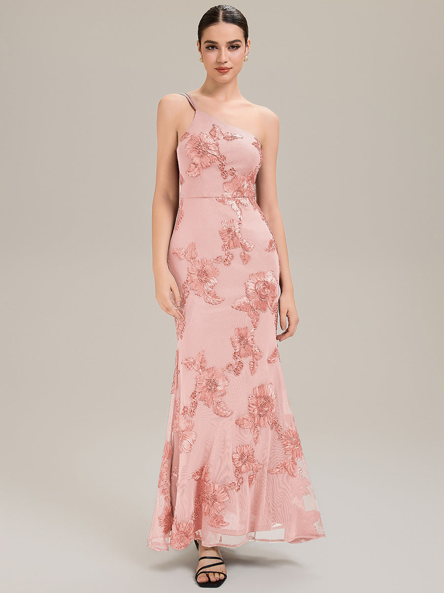 Robe de soirée chic sans manches en jersey extensible imprimé floral longueur sol avec encolure asymétrique #Couleur_Rose
