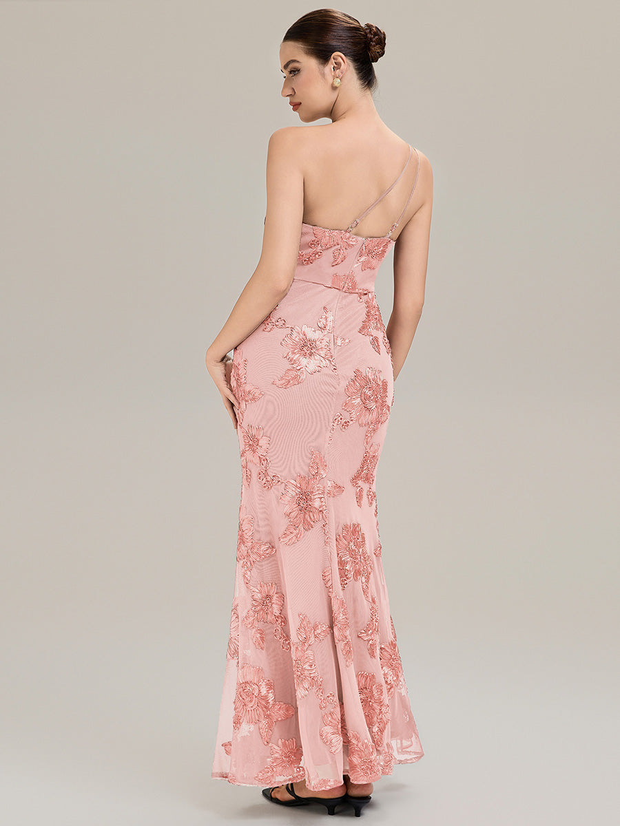 Robe de soirée chic sans manches en jersey extensible imprimé floral longueur sol avec encolure asymétrique #Couleur_Rose