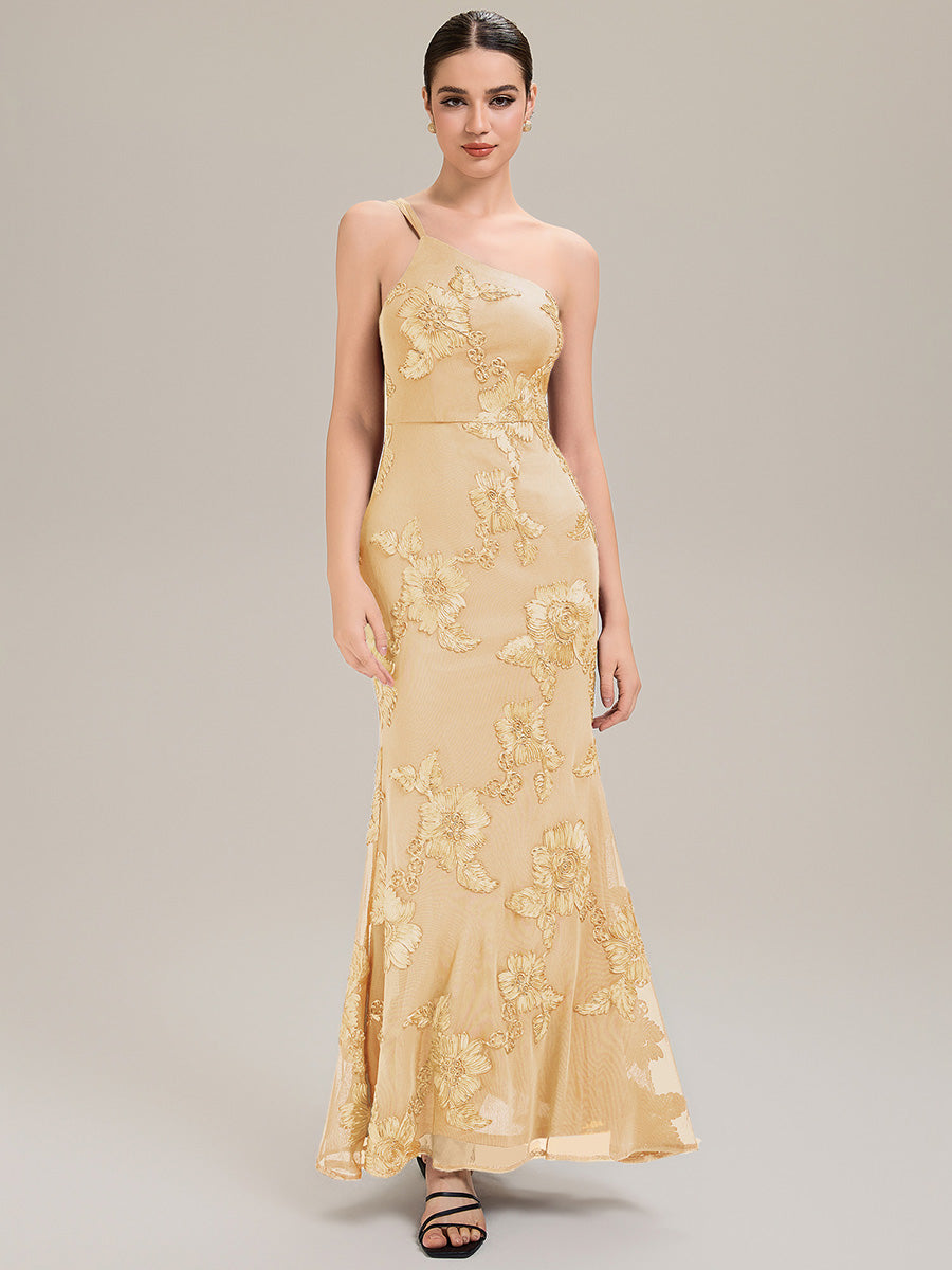 Robe de soirée chic sans manches en jersey extensible imprimé floral longueur sol avec encolure asymétrique #Couleur_Jaune