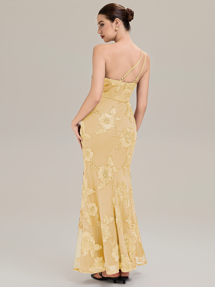 Robe de soirée chic sans manches en jersey extensible imprimé floral longueur sol avec encolure asymétrique #Couleur_Jaune