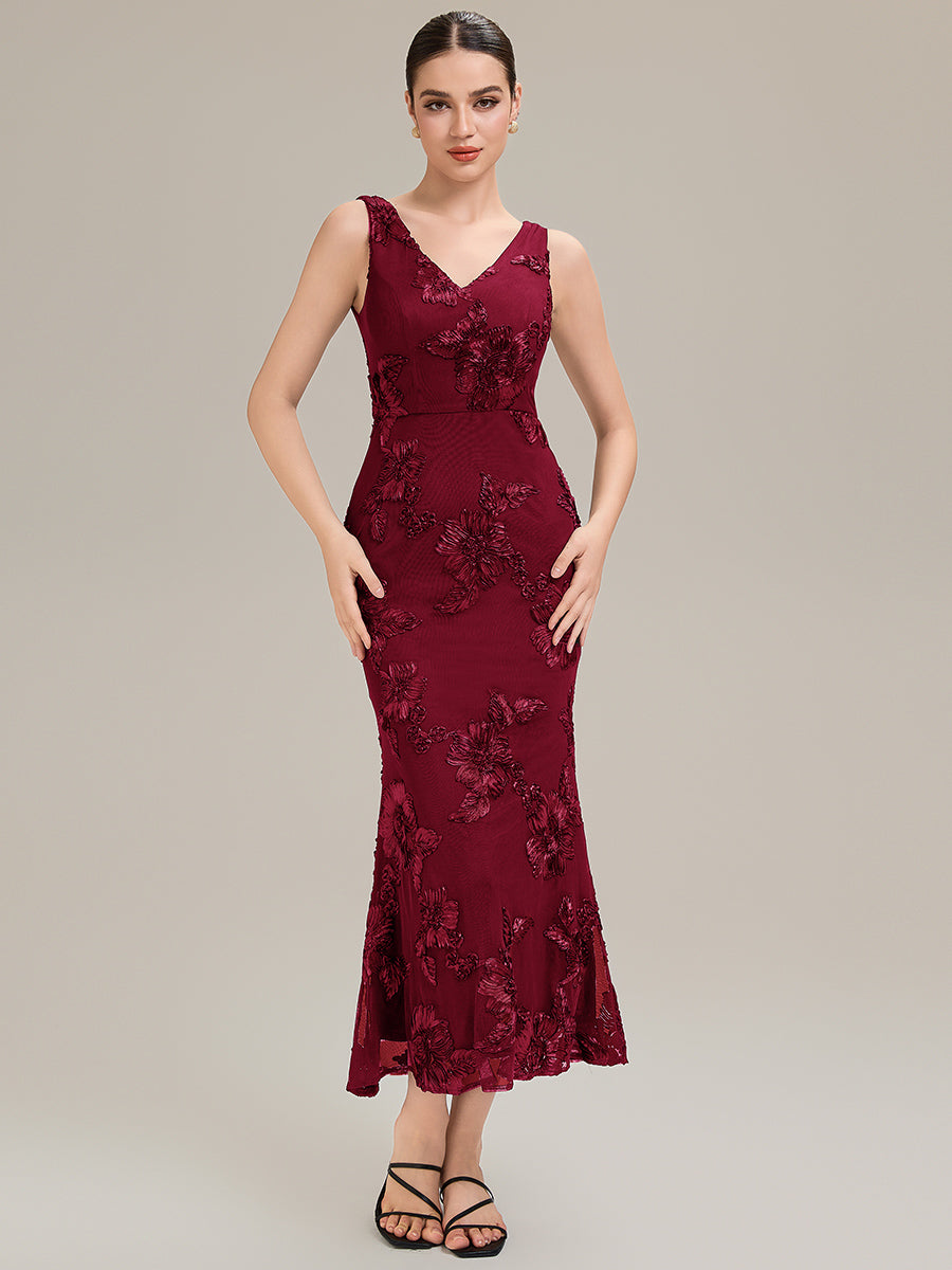 Robe midi mermaid à imprimé floral sans manches décolleté en V profond haute élasticité robe de soirée chic #Couleur_Bordeaux