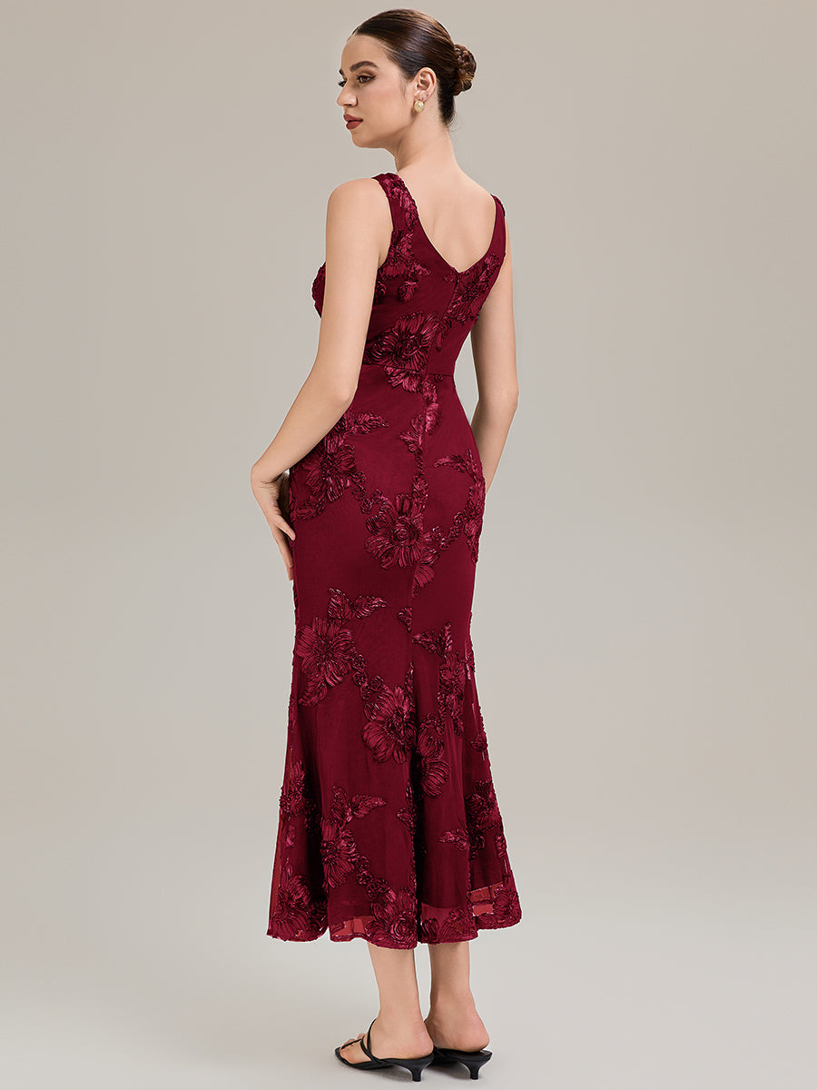 Robe midi mermaid à imprimé floral sans manches décolleté en V profond haute élasticité robe de soirée chic #Couleur_Bordeaux