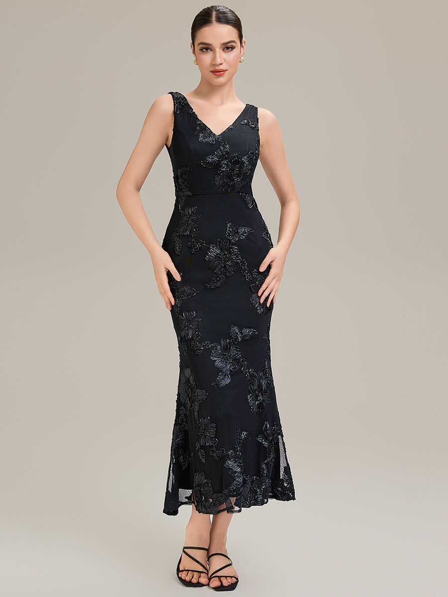 Robe midi mermaid à imprimé floral sans manches décolleté en V profond haute élasticité robe de soirée chic #Couleur_Noir