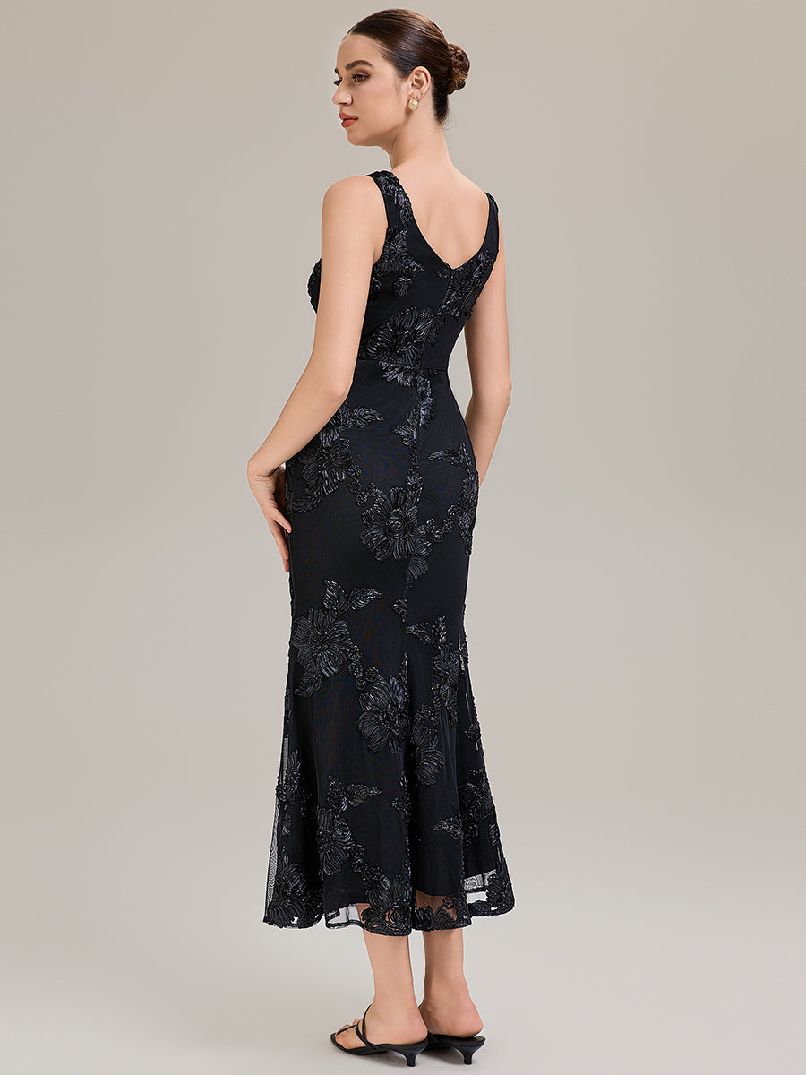 Robe midi mermaid à imprimé floral sans manches décolleté en V profond haute élasticité robe de soirée chic #Couleur_Noir
