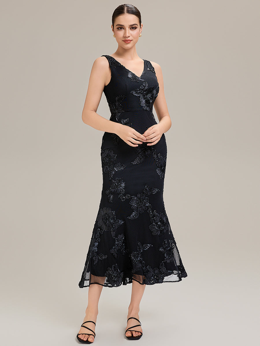Robe midi mermaid à imprimé floral sans manches décolleté en V profond haute élasticité robe de soirée chic #Couleur_Noir
