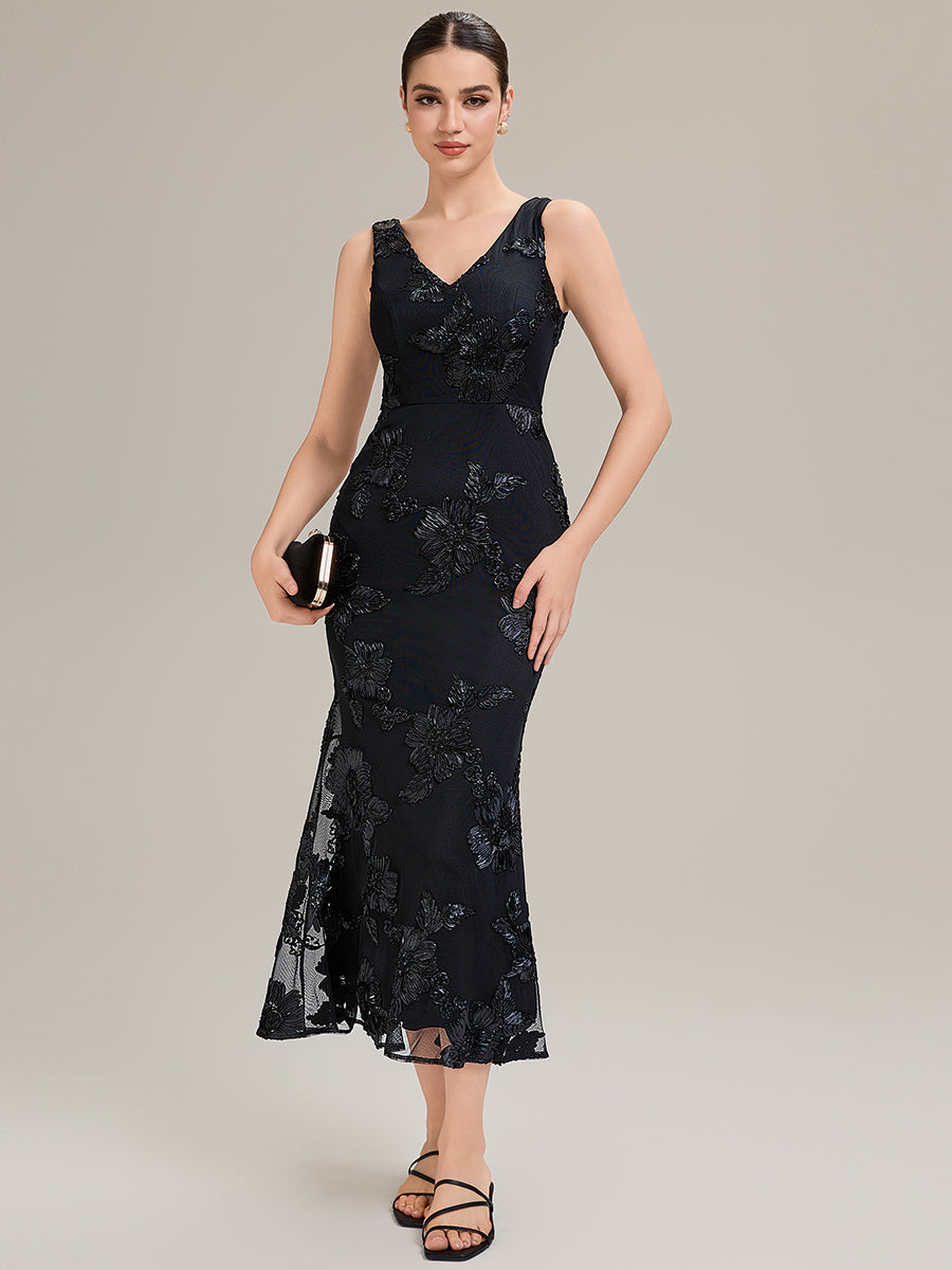 Robe midi mermaid à imprimé floral sans manches décolleté en V profond haute élasticité robe de soirée chic #Couleur_Noir