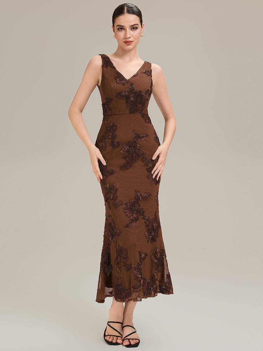 Robe midi mermaid à imprimé floral sans manches décolleté en V profond haute élasticité robe de soirée chic #Couleur_Brun