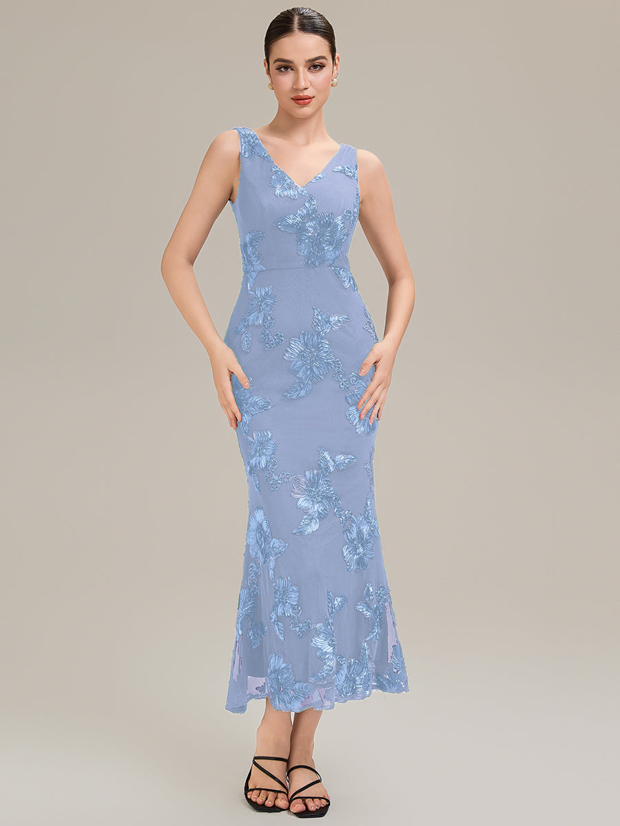 Robe midi mermaid à imprimé floral sans manches décolleté en V profond haute élasticité robe de soirée chic #Couleur_Bleu Glace