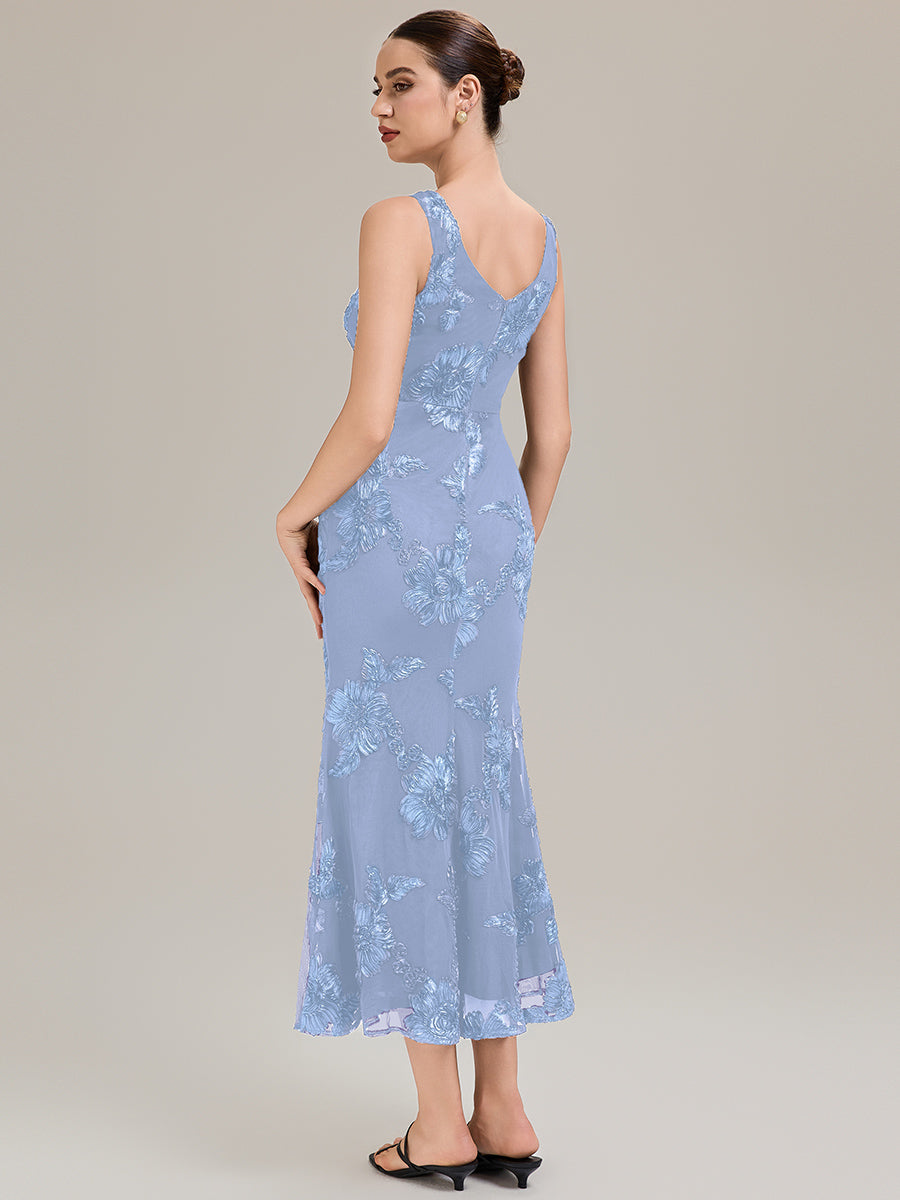 Robe midi mermaid à imprimé floral sans manches décolleté en V profond haute élasticité robe de soirée chic #Couleur_Bleu Glace