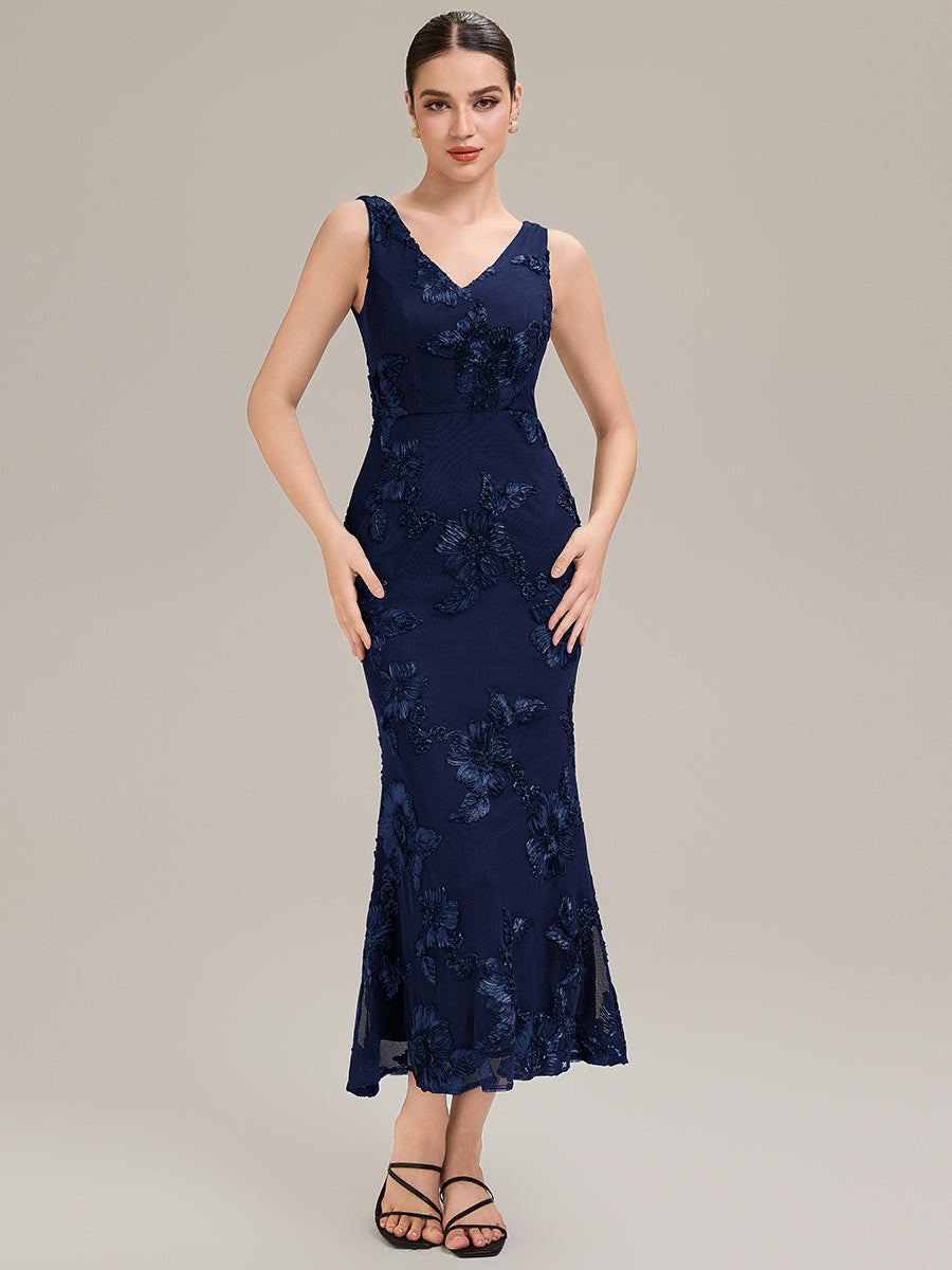 Robe midi mermaid à imprimé floral sans manches décolleté en V profond haute élasticité robe de soirée chic #Couleur_Bleu Marine