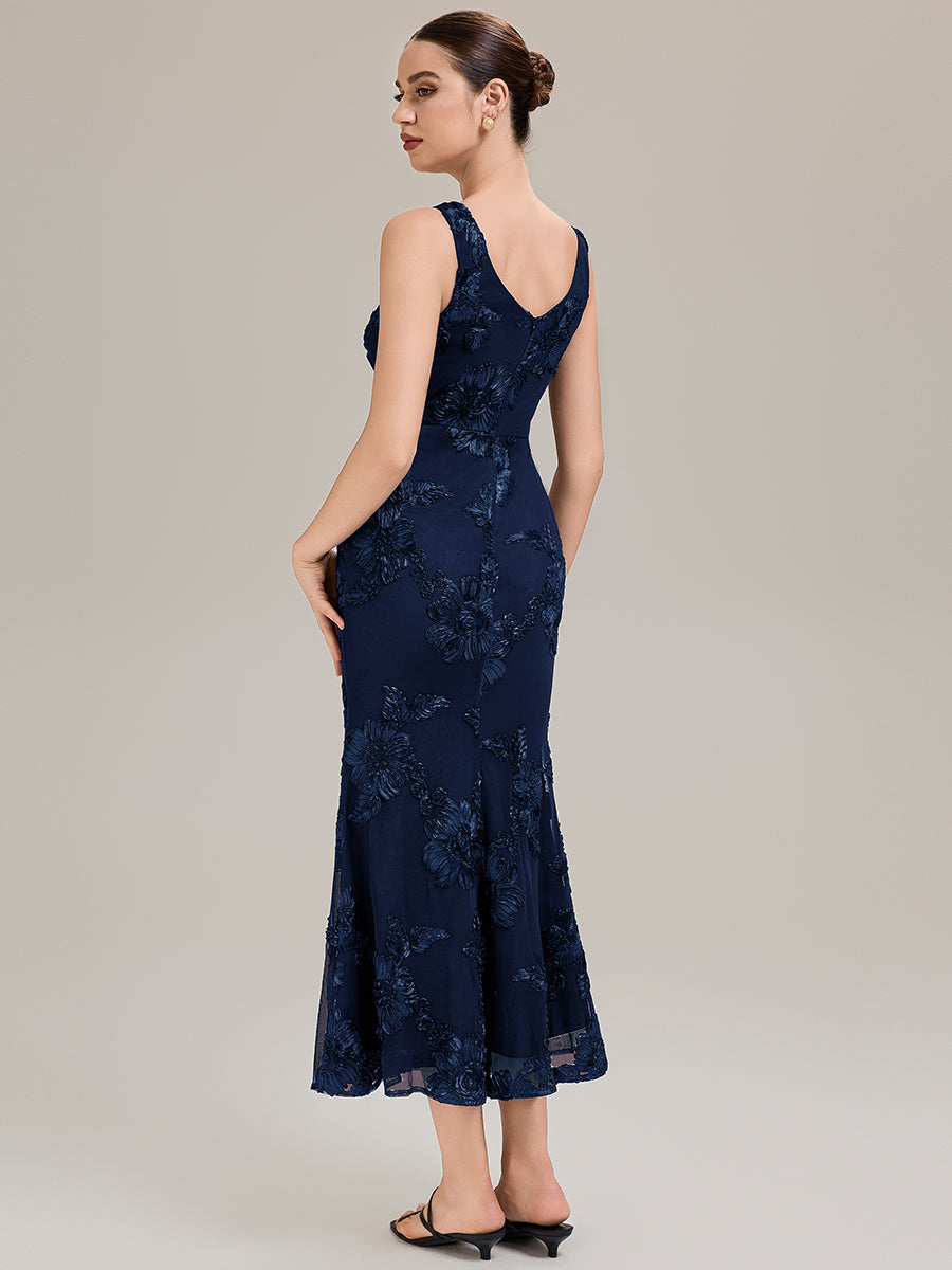 Robe midi mermaid à imprimé floral sans manches décolleté en V profond haute élasticité robe de soirée chic #Couleur_Bleu Marine