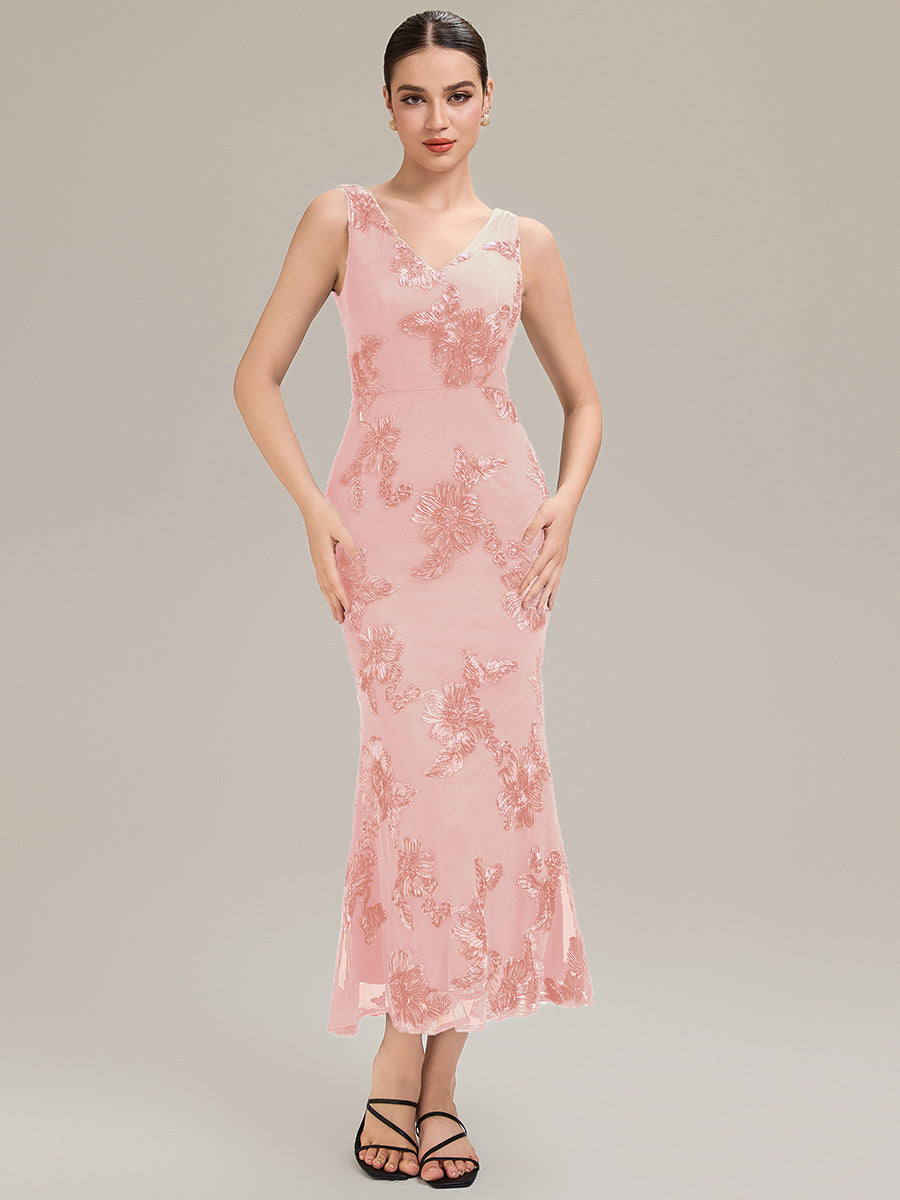 Robe midi mermaid à imprimé floral sans manches décolleté en V profond haute élasticité robe de soirée chic #Couleur_Rose