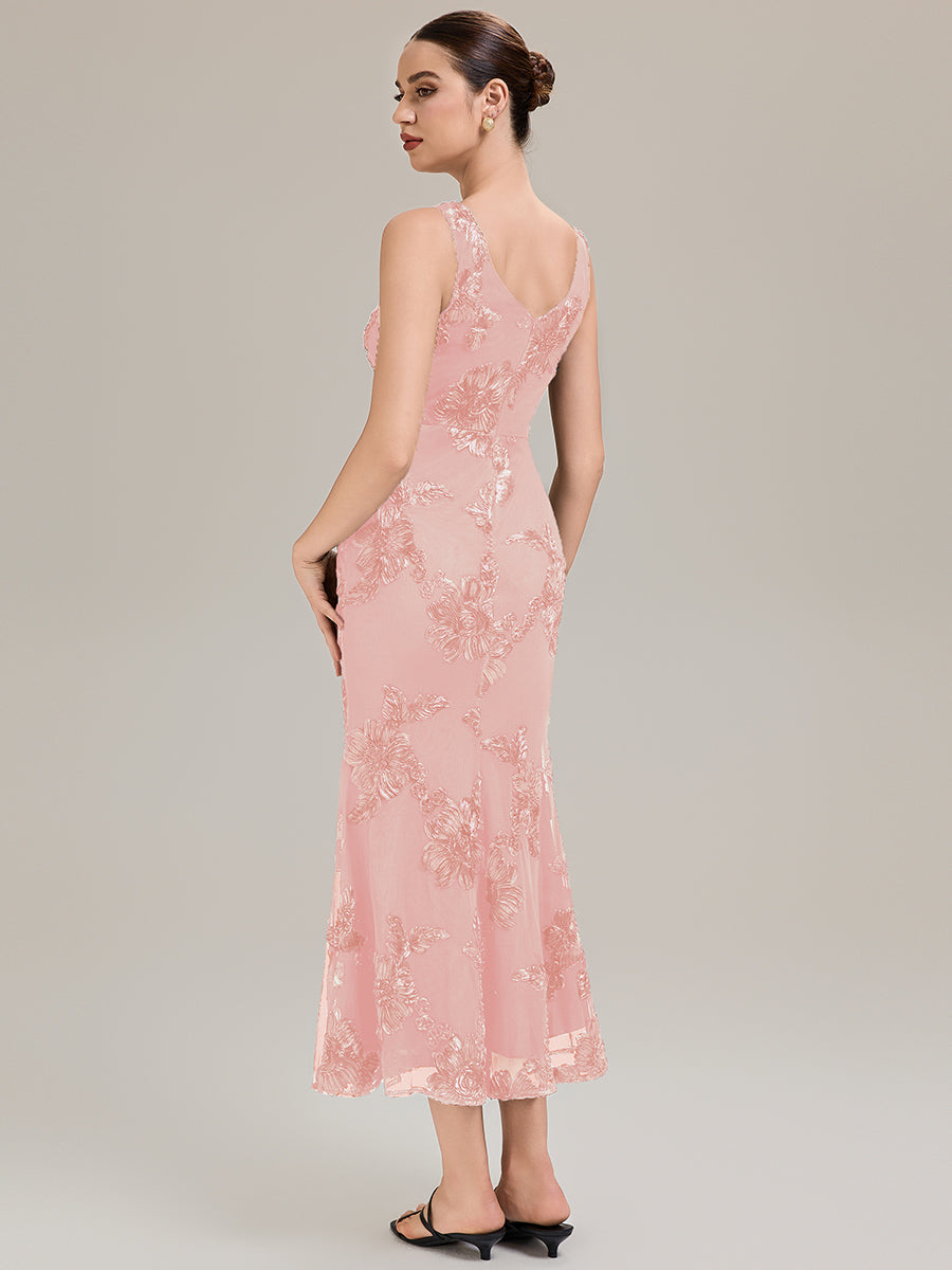 Robe midi mermaid à imprimé floral sans manches décolleté en V profond haute élasticité robe de soirée chic #Couleur_Rose