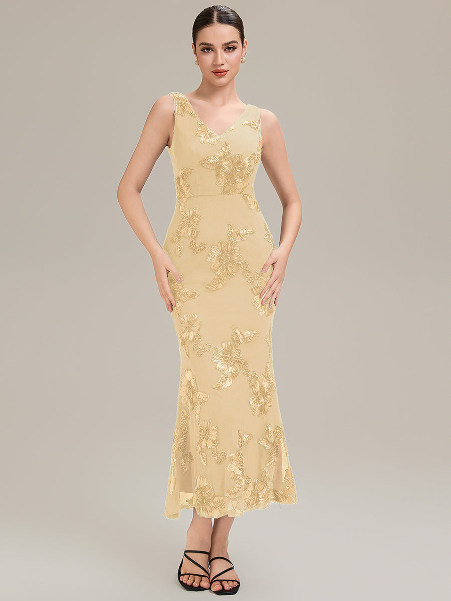 Robe midi mermaid à imprimé floral sans manches décolleté en V profond haute élasticité robe de soirée chic #Couleur_Jaune