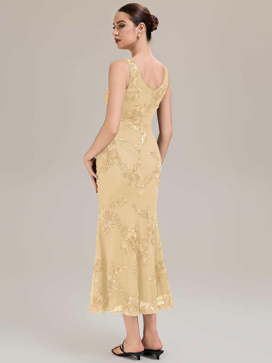 Robe midi mermaid à imprimé floral sans manches décolleté en V profond haute élasticité robe de soirée chic #Couleur_Jaune