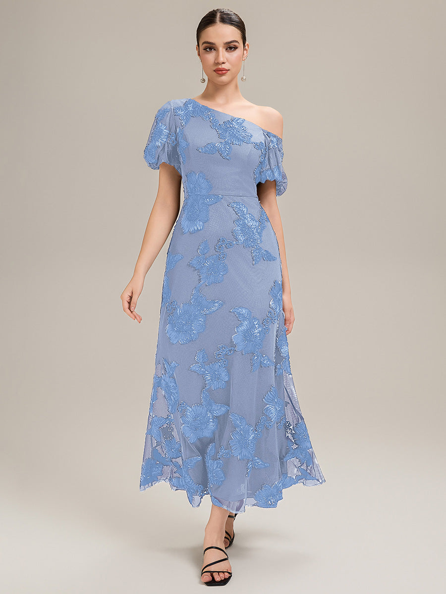 Robe de soirée chic maxi sirène à encolure asymétrique sans bretelles à haute élasticité #Couleur_Bleu Glace
