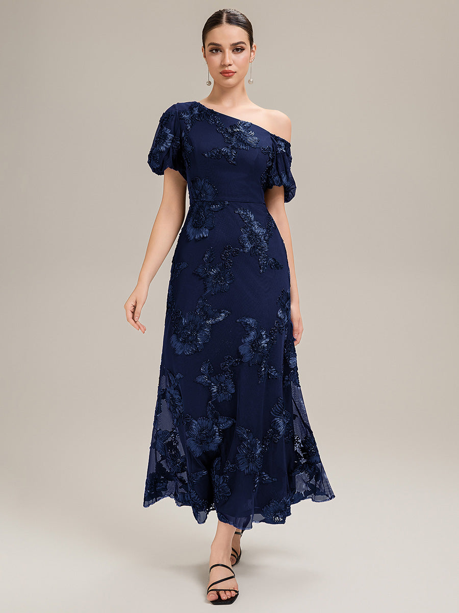 Robe de soirée chic maxi sirène à encolure asymétrique sans bretelles à haute élasticité #Couleur_Bleu Marine