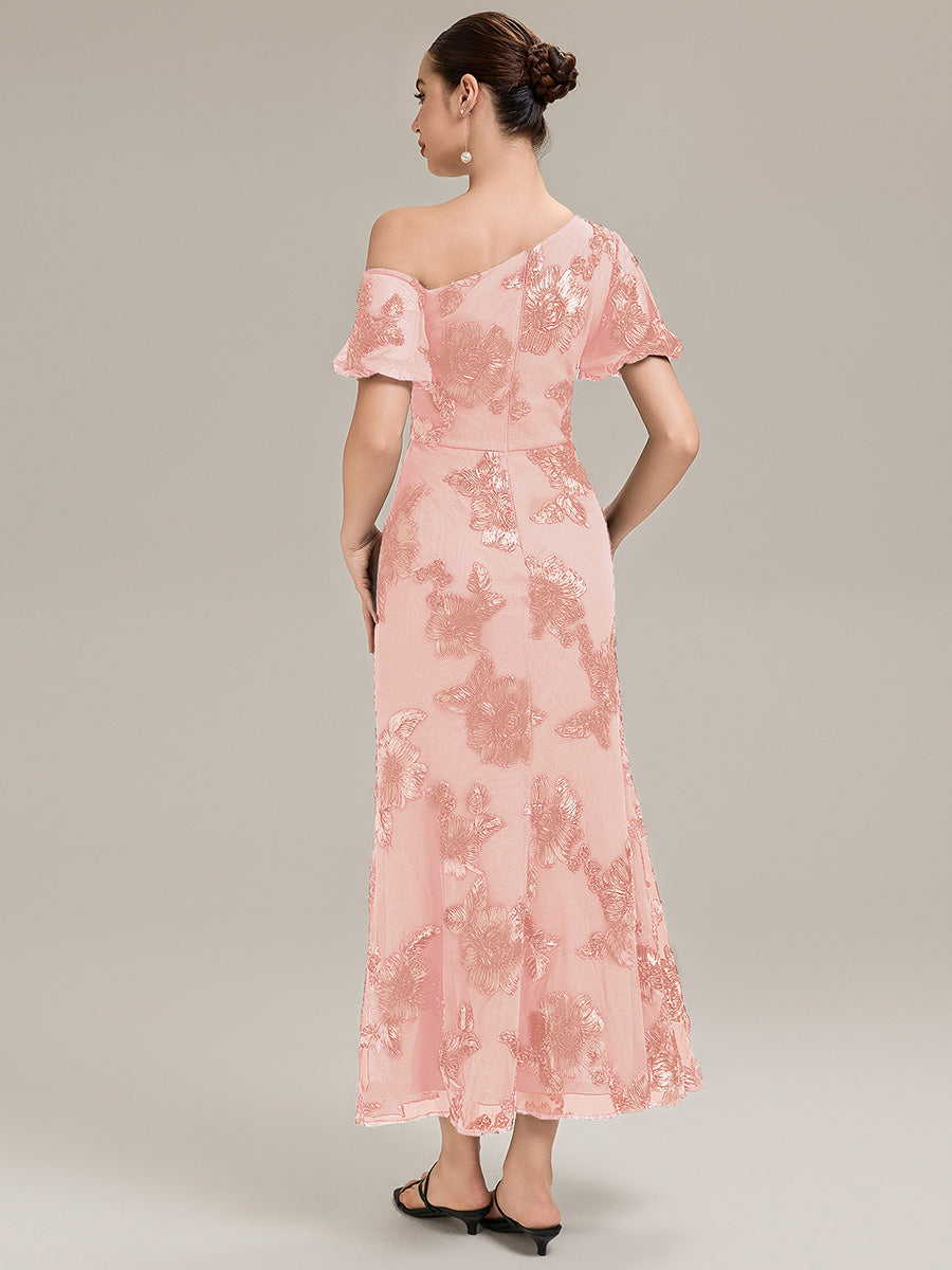 Robe de soirée chic maxi sirène à encolure asymétrique sans bretelles à haute élasticité #Couleur_Rose