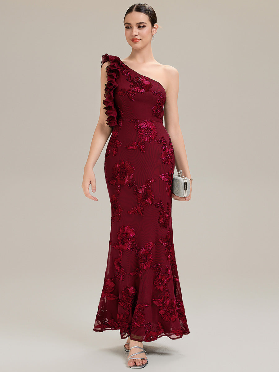 Robe de soirée chic sans manches à épaule unique en tissu extensible avec imprimé floral jacquard et volants longueur de sol #Couleur_Bordeaux