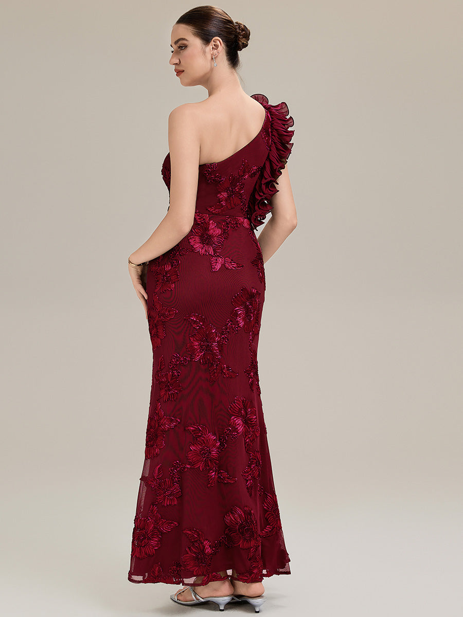 Robe de soirée chic sans manches à épaule unique en tissu extensible avec imprimé floral jacquard et volants longueur de sol #Couleur_Bordeaux