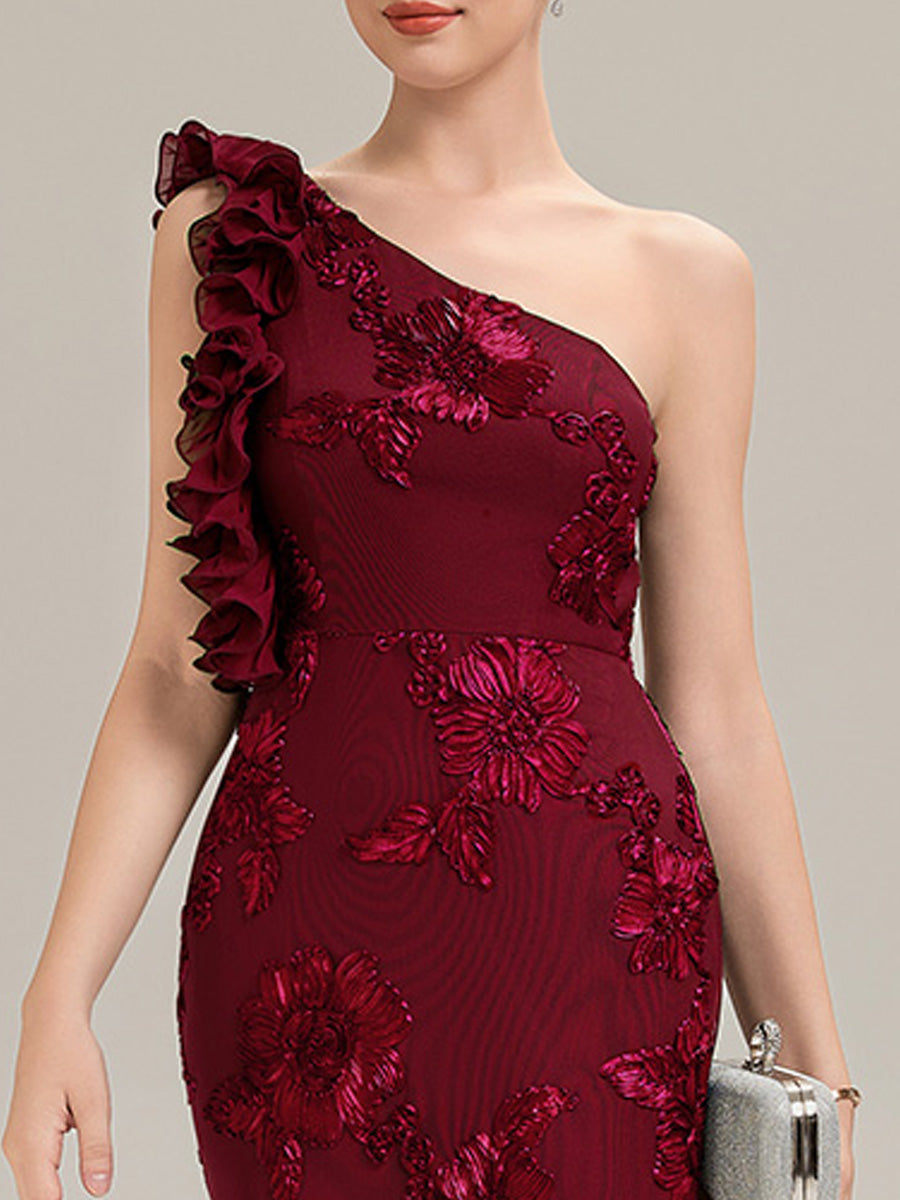 Robe de soirée chic sans manches à épaule unique en tissu extensible avec imprimé floral jacquard et volants longueur de sol #Couleur_Bordeaux