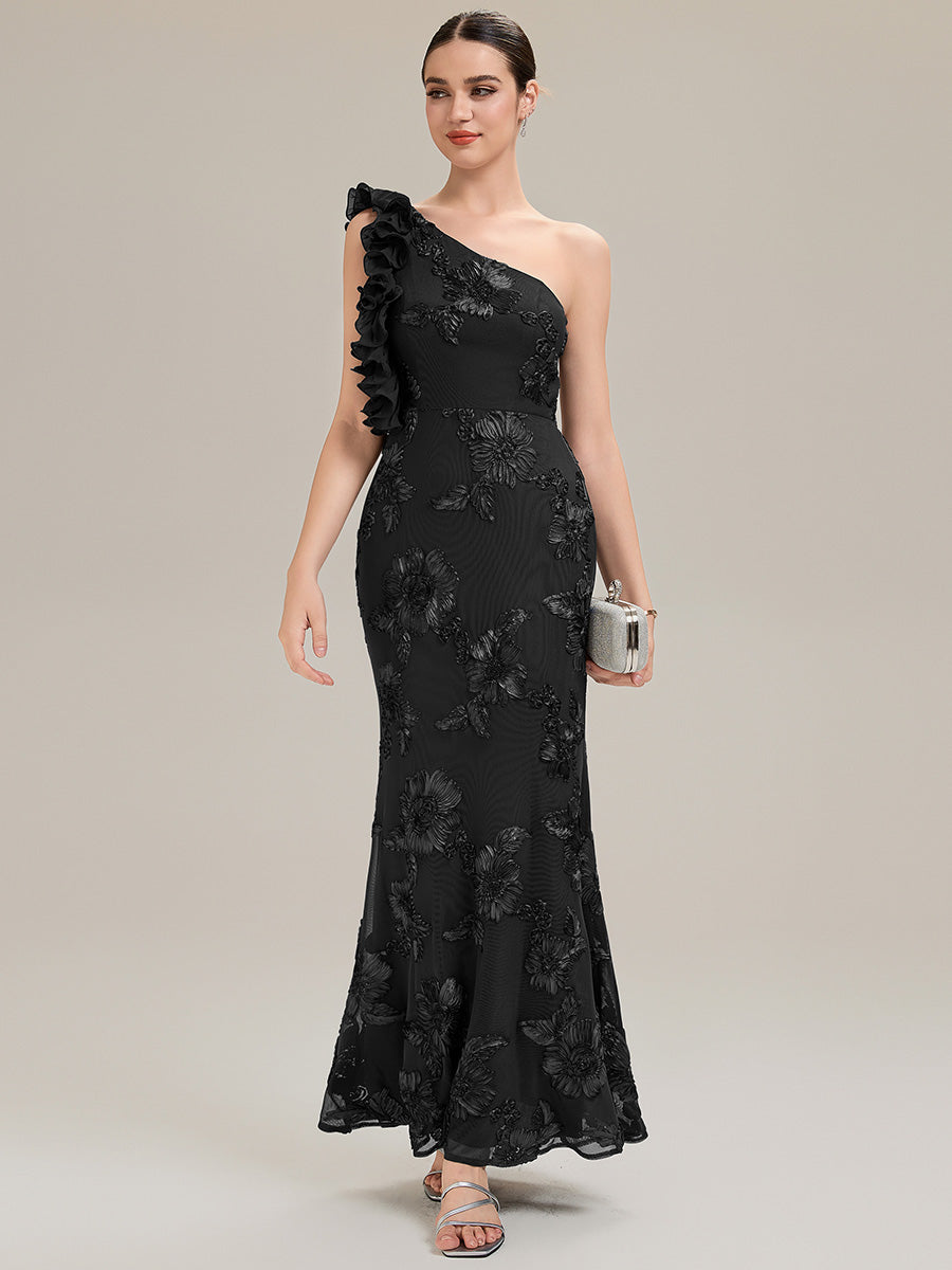 Robe de soirée chic sans manches à épaule unique en tissu extensible avec imprimé floral jacquard et volants longueur de sol #Couleur_Noir