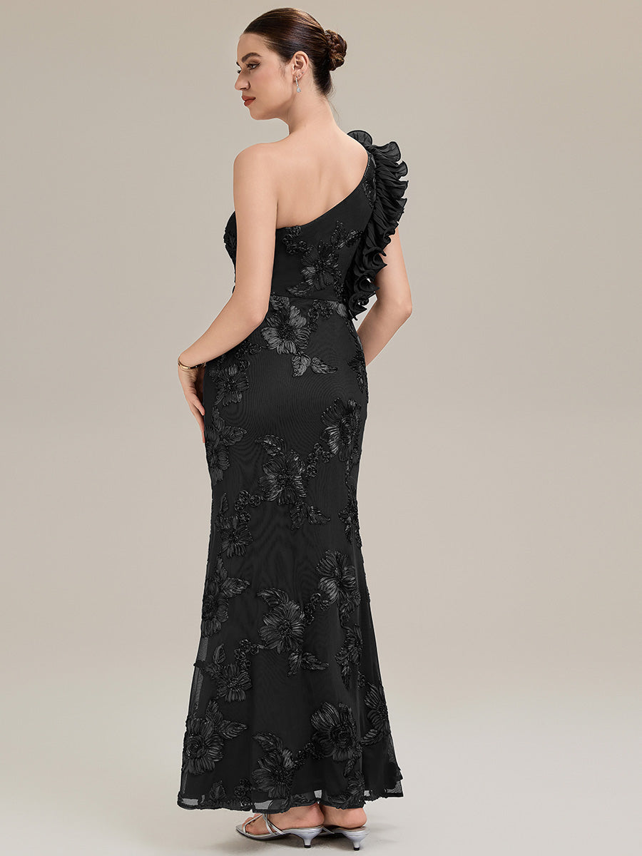 Robe de soirée chic sans manches à épaule unique en tissu extensible avec imprimé floral jacquard et volants longueur de sol #Couleur_Noir