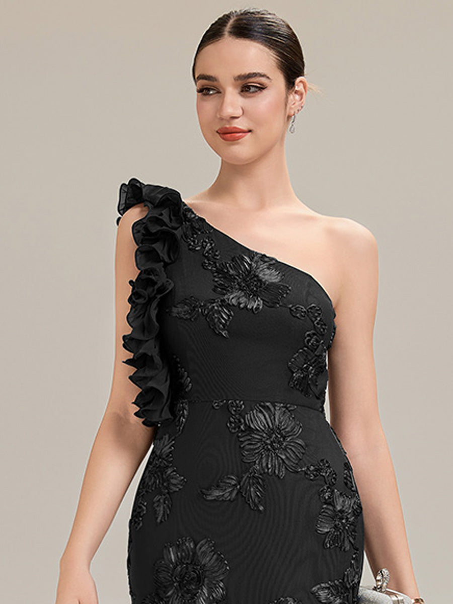 Robe de soirée chic sans manches à épaule unique en tissu extensible avec imprimé floral jacquard et volants longueur de sol #Couleur_Noir