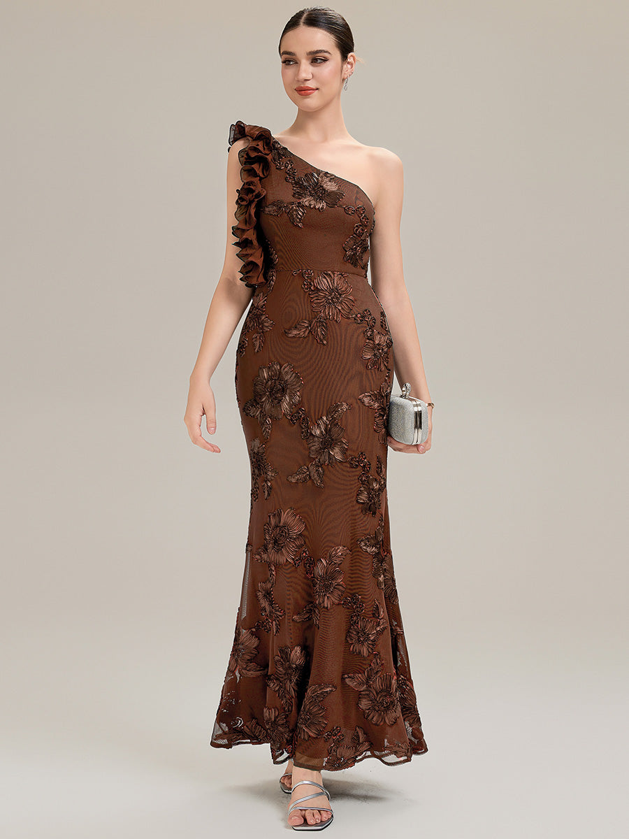 Robe de soirée chic sans manches à épaule unique en tissu extensible avec imprimé floral jacquard et volants longueur de sol #Couleur_Brun