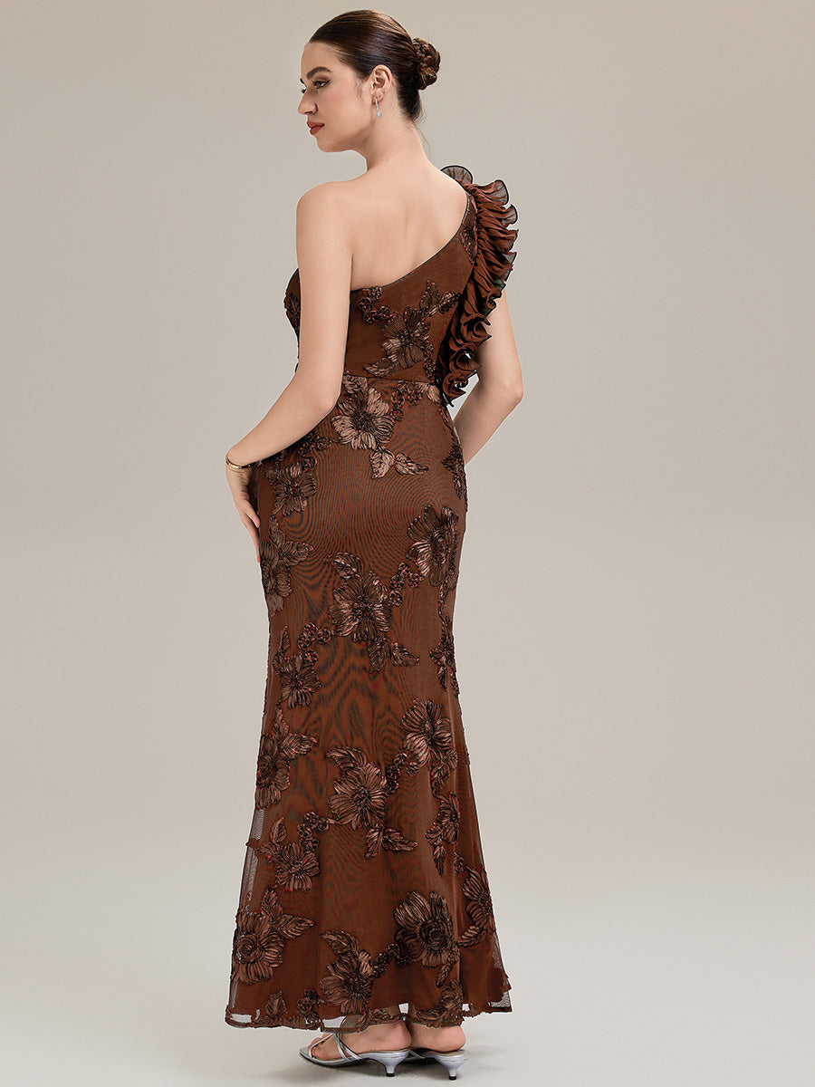 Robe de soirée chic sans manches à épaule unique en tissu extensible avec imprimé floral jacquard et volants longueur de sol #Couleur_Brun