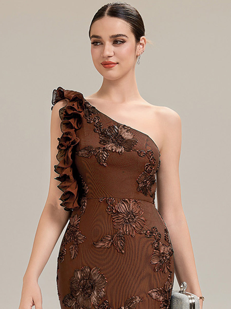 Robe de soirée chic sans manches à épaule unique en tissu extensible avec imprimé floral jacquard et volants longueur de sol #Couleur_Brun