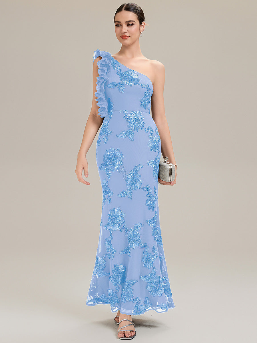 Robe de soirée chic sans manches à épaule unique en tissu extensible avec imprimé floral jacquard et volants longueur de sol #Couleur_Bleu Glace