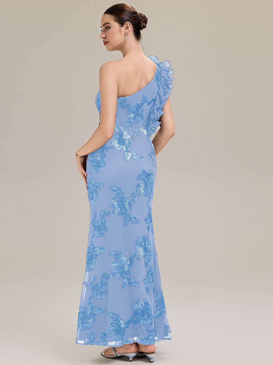 Robe de soirée chic sans manches à épaule unique en tissu extensible avec imprimé floral jacquard et volants longueur de sol #Couleur_Bleu Glace