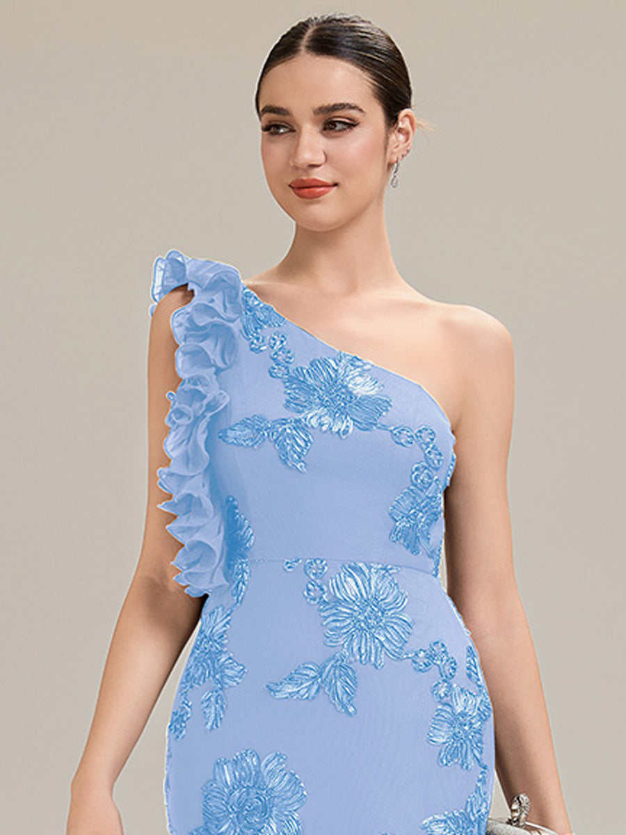 Robe de soirée chic sans manches à épaule unique en tissu extensible avec imprimé floral jacquard et volants longueur de sol #Couleur_Bleu Glace