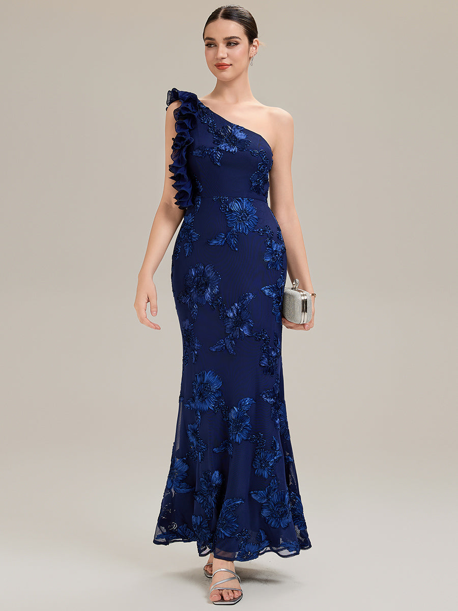 Robe de soirée chic sans manches à épaule unique en tissu extensible avec imprimé floral jacquard et volants longueur de sol #Couleur_Bleu Marine