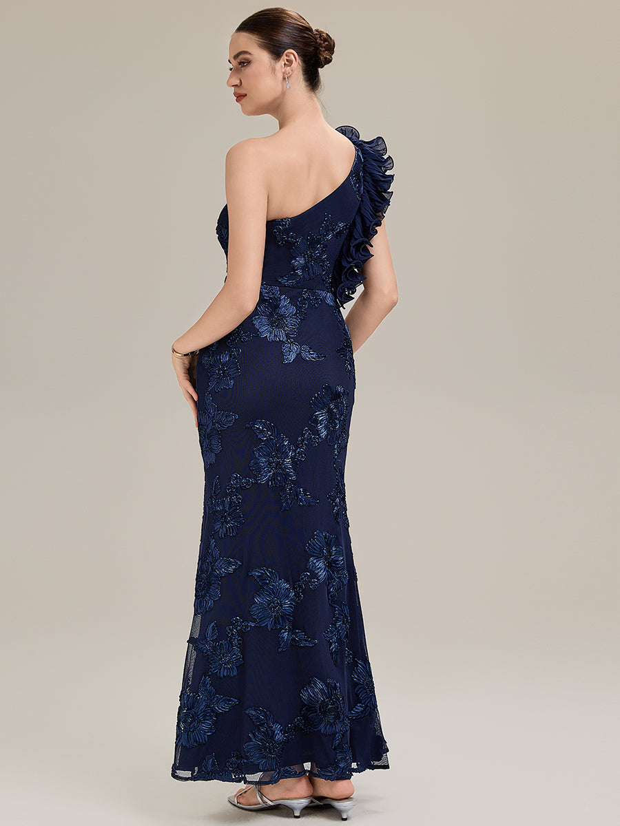 Robe de soirée chic sans manches à épaule unique en tissu extensible avec imprimé floral jacquard et volants longueur de sol #Couleur_Bleu Marine