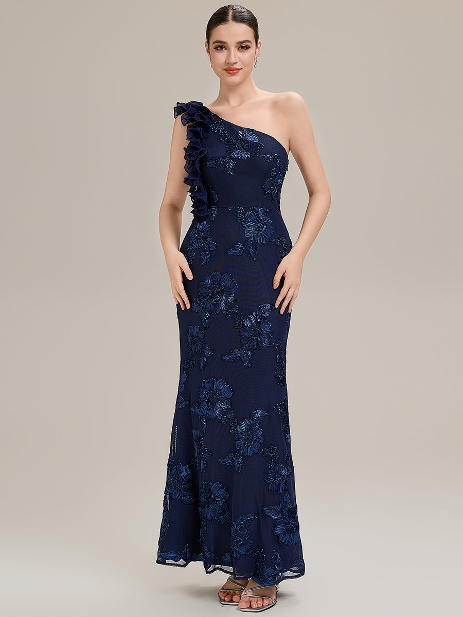 Robe de soirée chic sans manches à épaule unique en tissu extensible avec imprimé floral jacquard et volants longueur de sol #Couleur_Bleu Marine