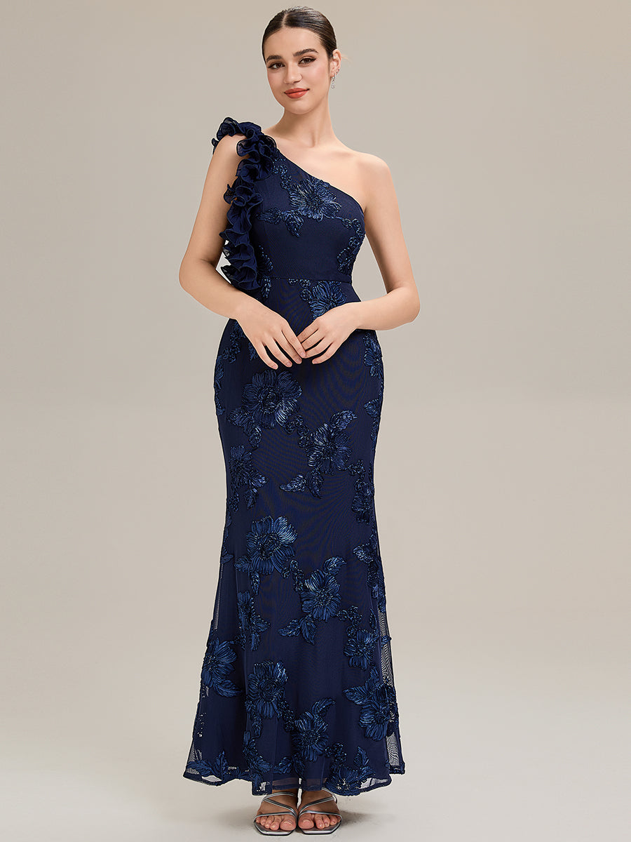 Robe de soirée chic sans manches à épaule unique en tissu extensible avec imprimé floral jacquard et volants longueur de sol #Couleur_Bleu Marine