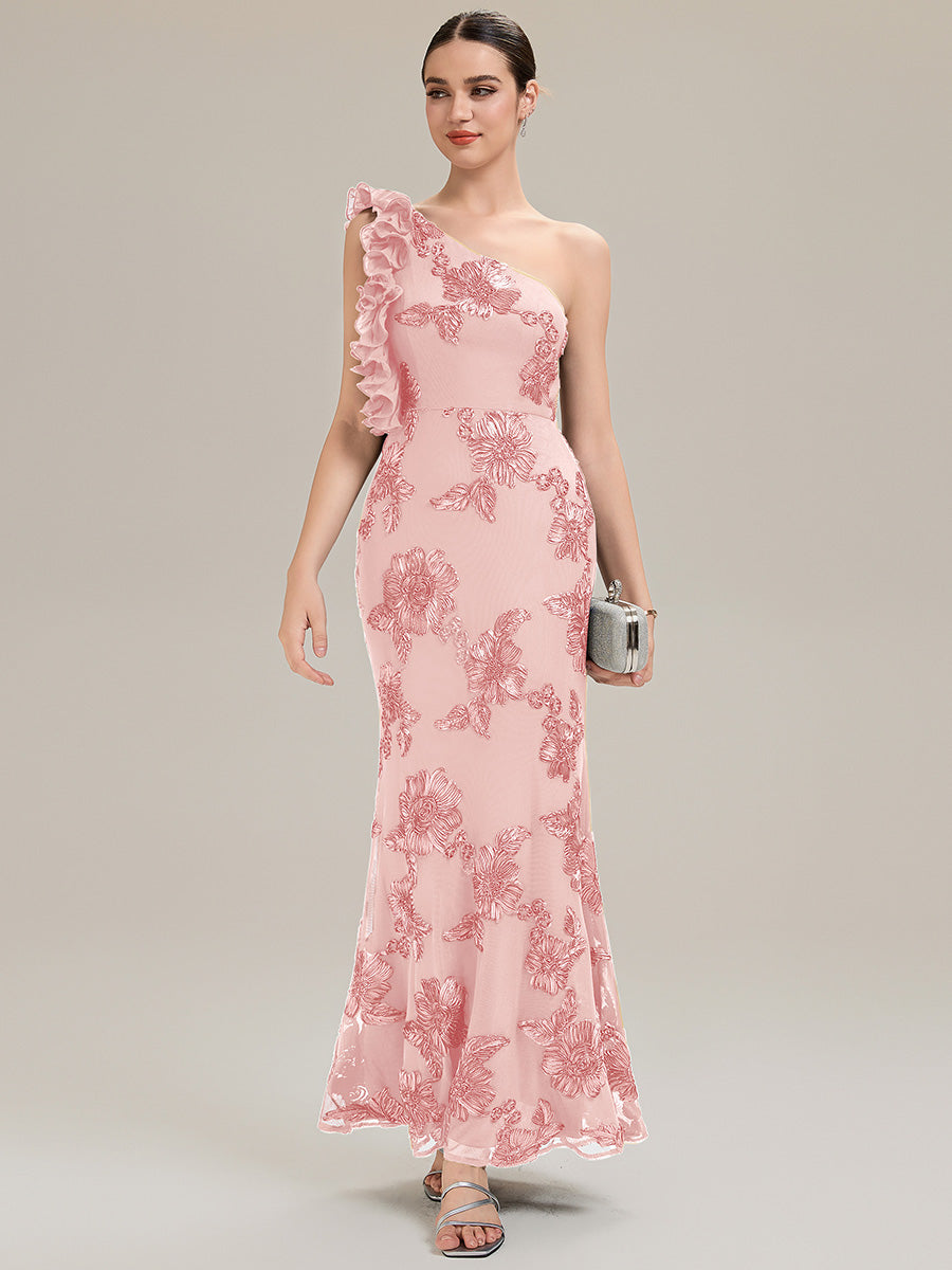Robe de soirée chic sans manches à épaule unique en tissu extensible avec imprimé floral jacquard et volants longueur de sol #Couleur_Rose