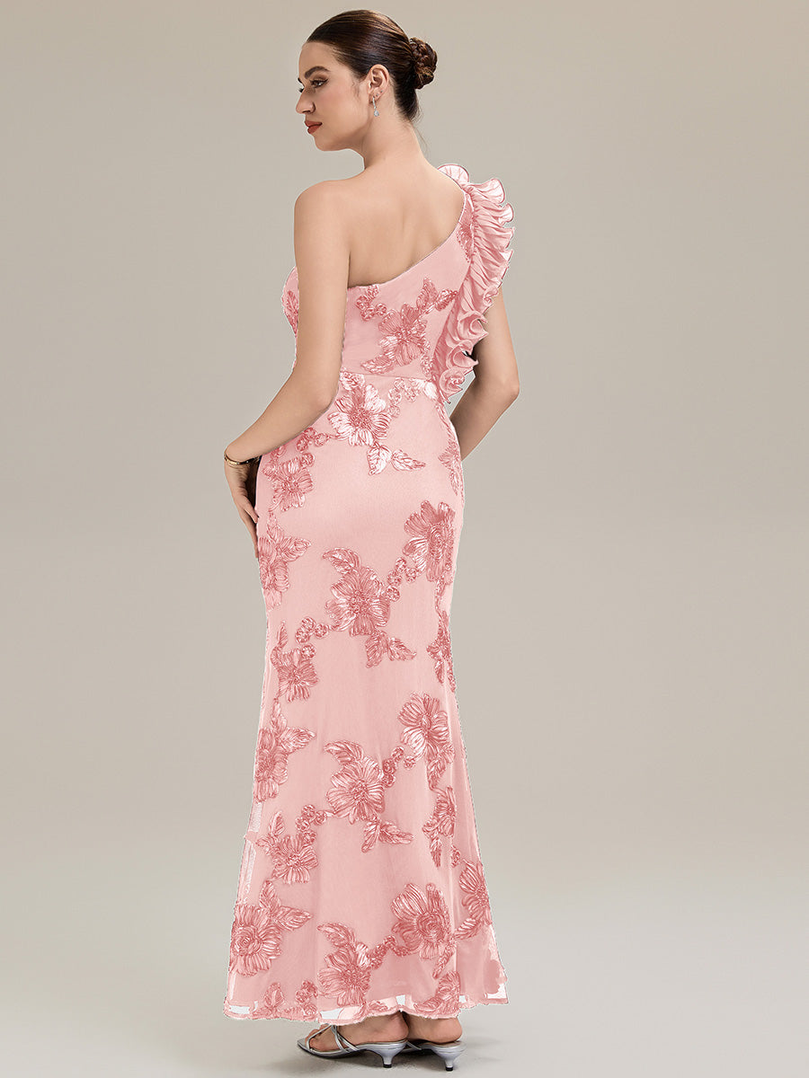 Robe de soirée chic sans manches à épaule unique en tissu extensible avec imprimé floral jacquard et volants longueur de sol #Couleur_Rose
