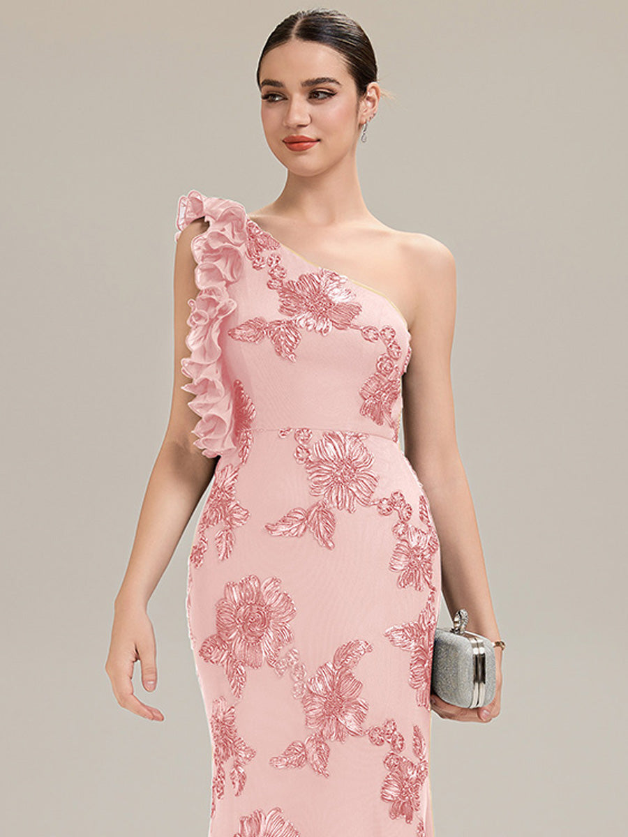 Robe de soirée chic sans manches à épaule unique en tissu extensible avec imprimé floral jacquard et volants longueur de sol #Couleur_Rose