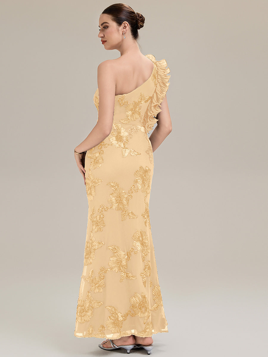 Robe de soirée chic sans manches à épaule unique en tissu extensible avec imprimé floral jacquard et volants longueur de sol #Couleur_Jaune