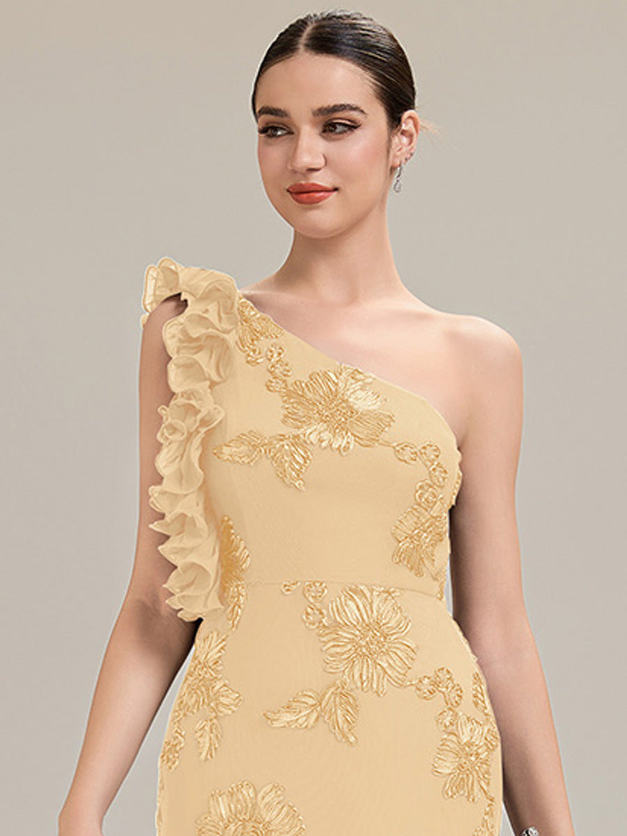 Robe de soirée chic sans manches à épaule unique en tissu extensible avec imprimé floral jacquard et volants longueur de sol #Couleur_Jaune