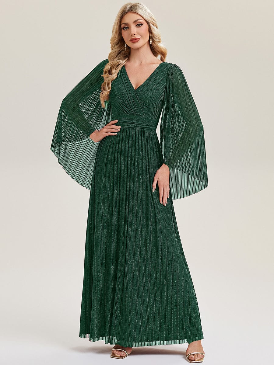 Robe longue à manches longues en batwing décolleté en V et coupe A #Couleur_Vert Fonce