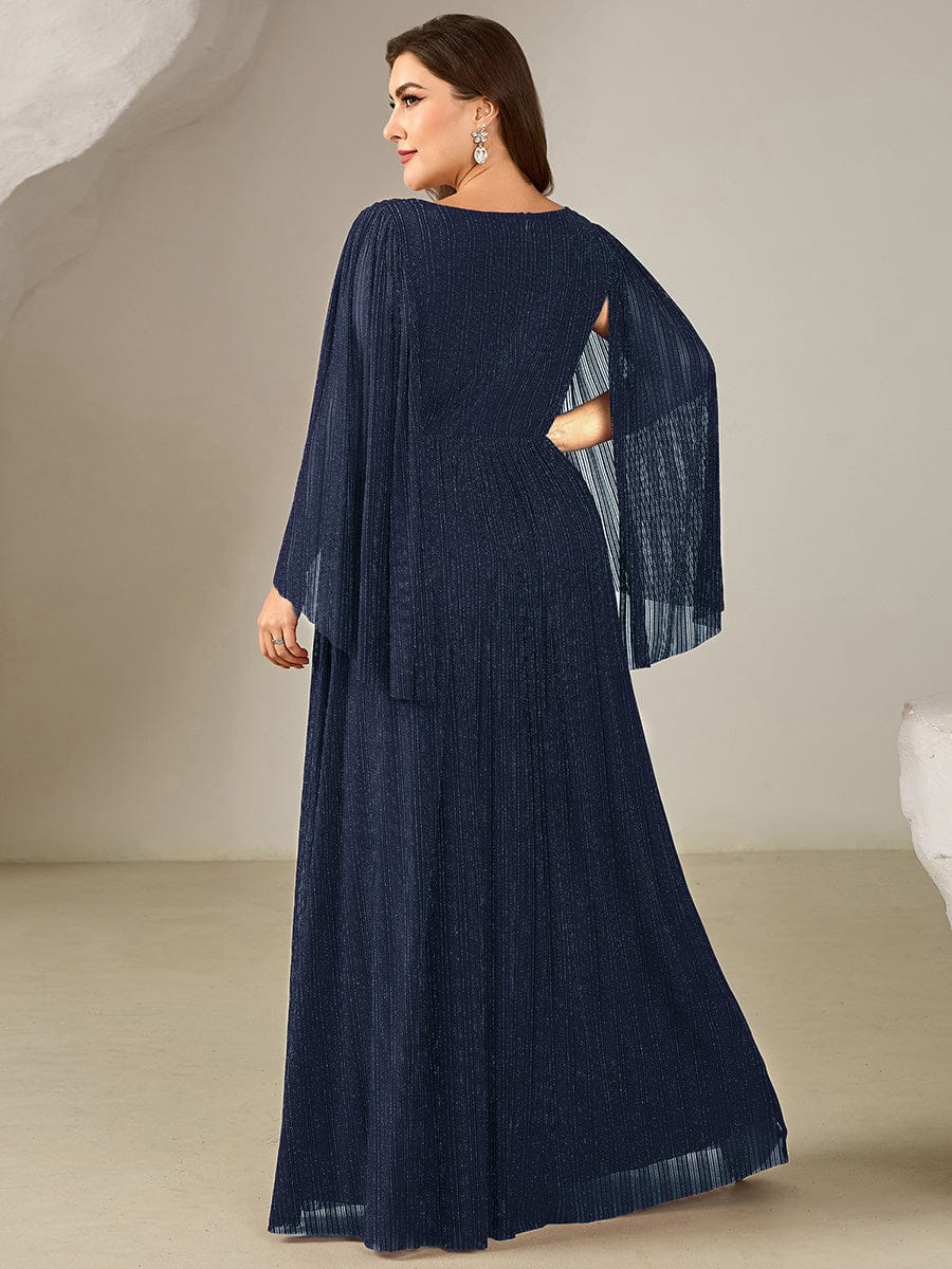Robe longue à manches longues en batwing décolleté en V et coupe A #Couleur_Bleu Marine
