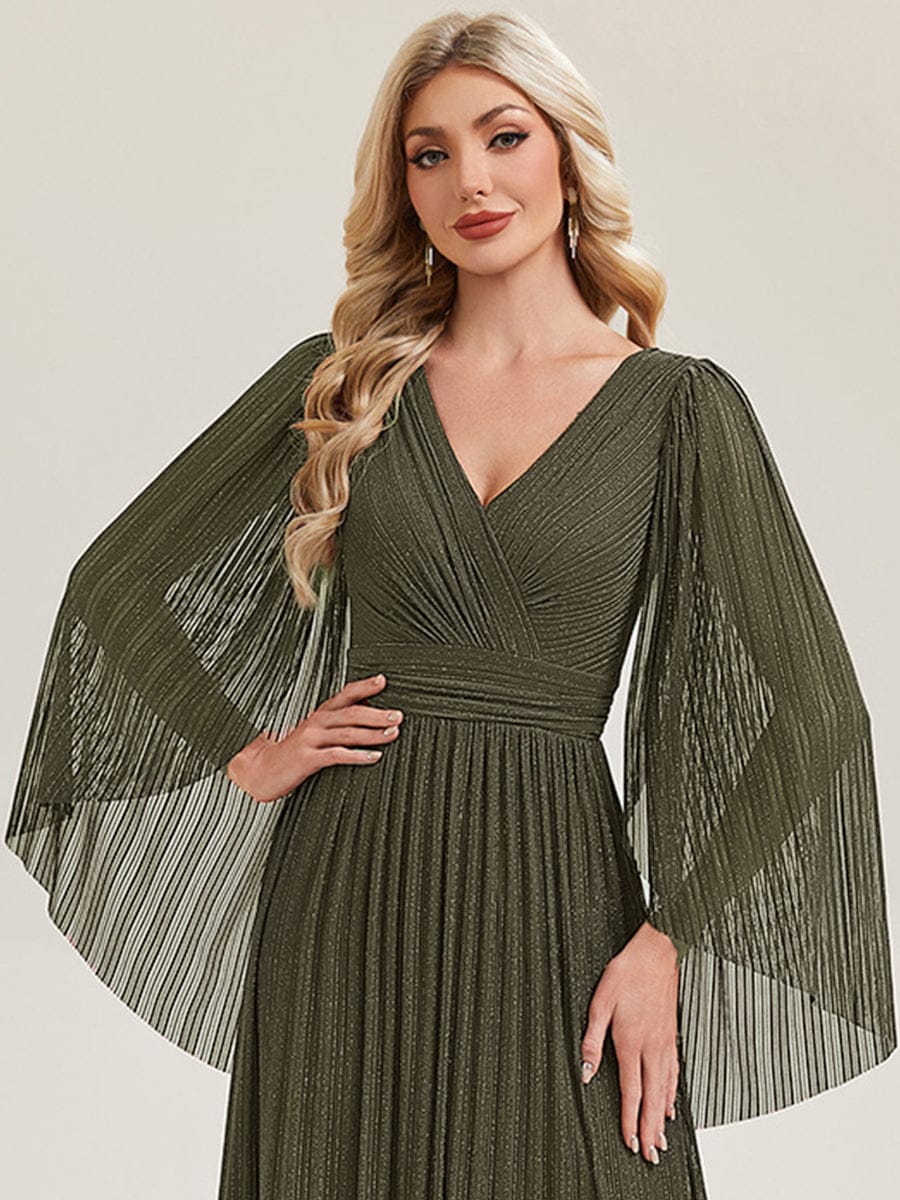 Robe longue à manches longues en batwing décolleté en V et coupe A #Couleur_Vert Olive