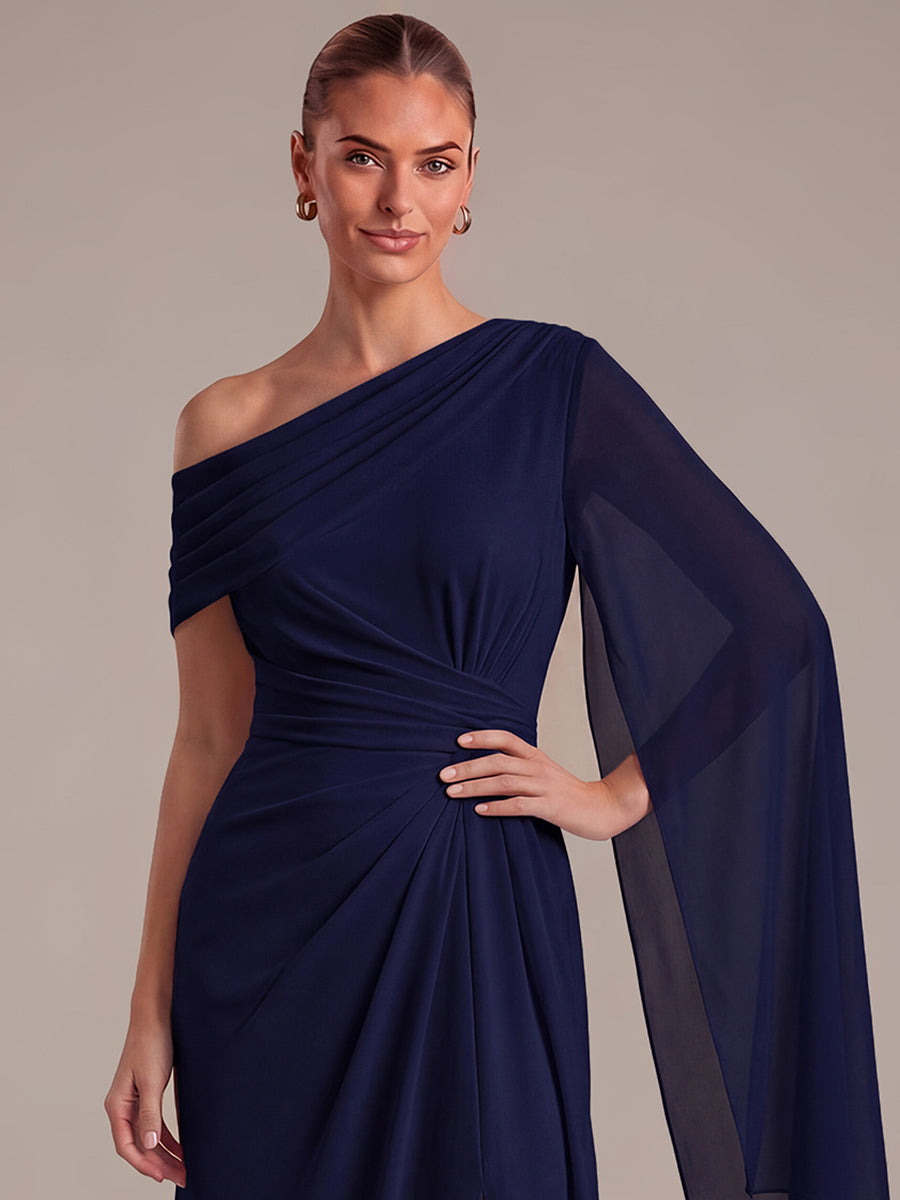 Robe maxi A ligne plissée à encolure asymétrique à manches longues avec fente sur le côté #Couleur_Bleu Marine