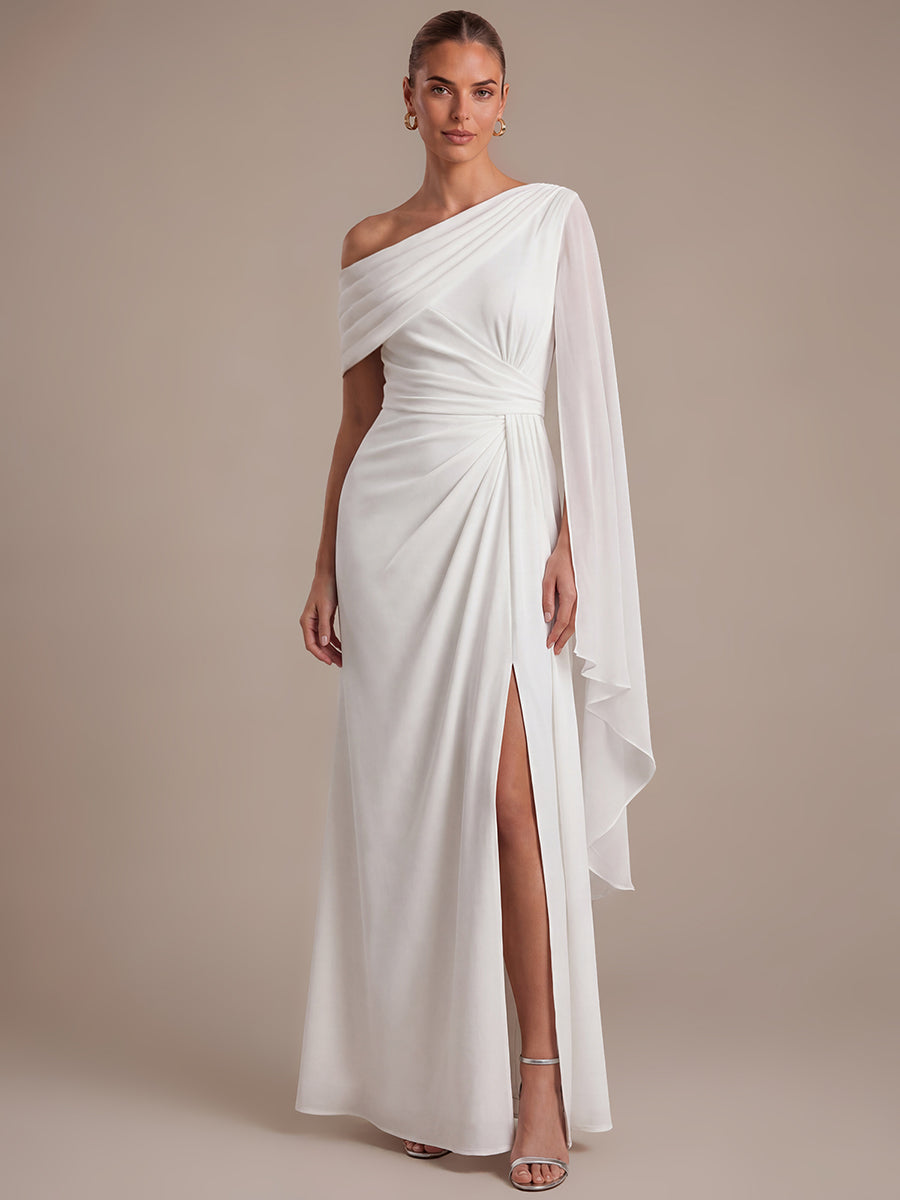 Robe maxi A ligne plissée à encolure asymétrique à manches longues avec fente sur le côté #Couleur_Blanc