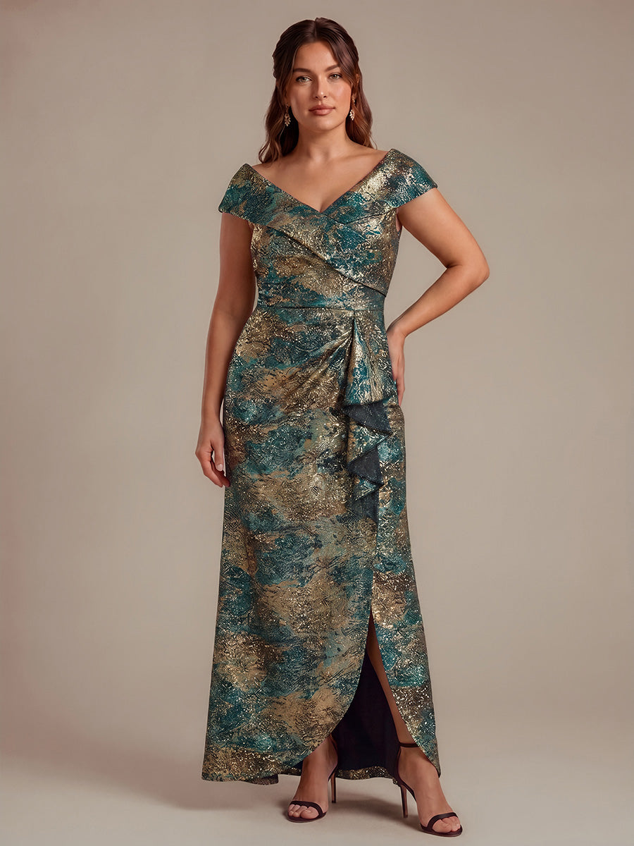 robe sir¨¨ne ¨¤ volants ¨¤ manches courtes en V avec une coupe asym¨¦trique et fermeture ¨¦clair au dos #Couleur_Vert foncé/Or